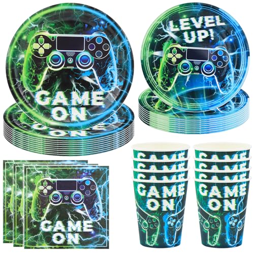 Hmfmdy Video Game - Lot de 50 pièces de vaisselle pour fête - Décoration de fête - Couverts d'anniversaire - Avec assiettes en carton, gobelets et serviettes - Décoration d'anniversaire pour garçon