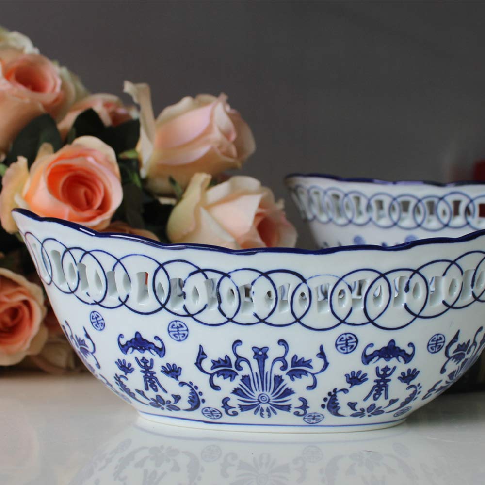 SHINING Blue and White Porcelain Ship-shaped Food Storage Basket Handicraft Pierced Fresh Fruit Platter For Snack Gift Cabinet Decorations Artwork (10” Food Storage Basket)