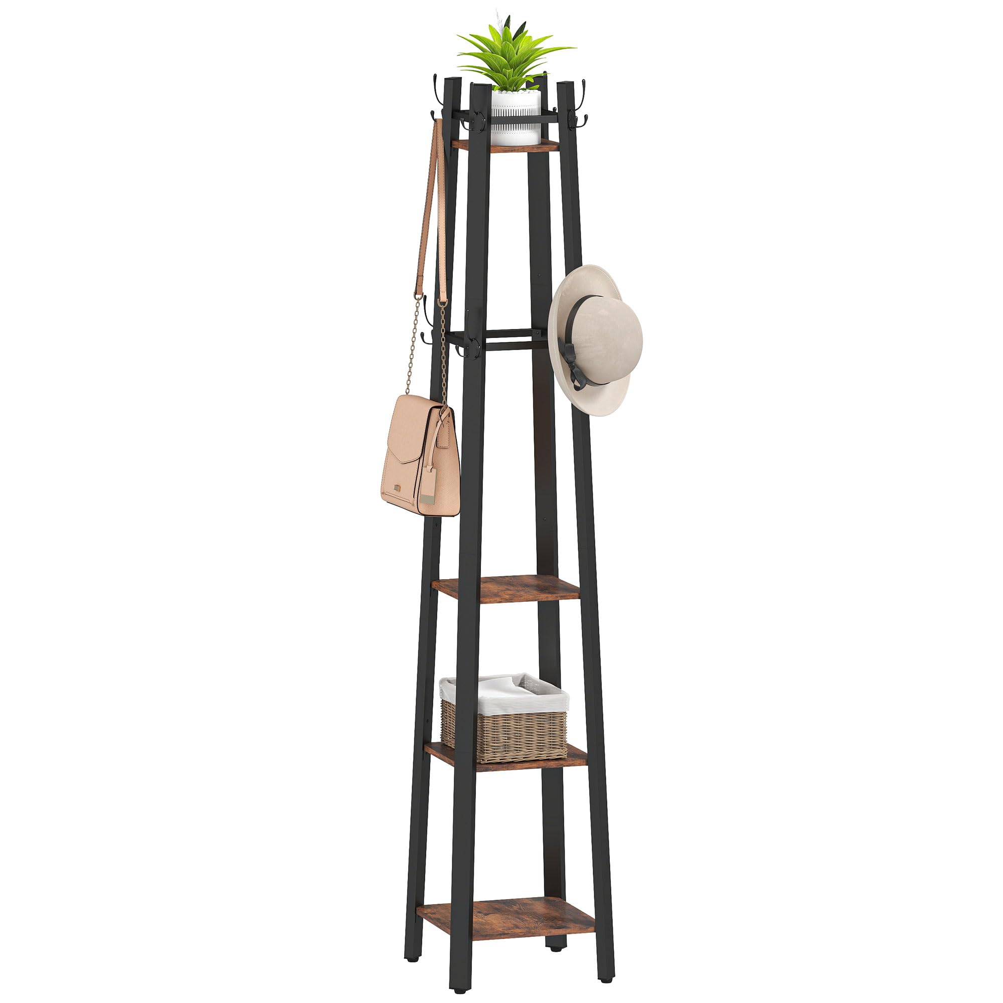 Homcom Rustic Brown Coat Stand 4 Tier Freestanding Coat Rack 8 Hooks 4 Shelves