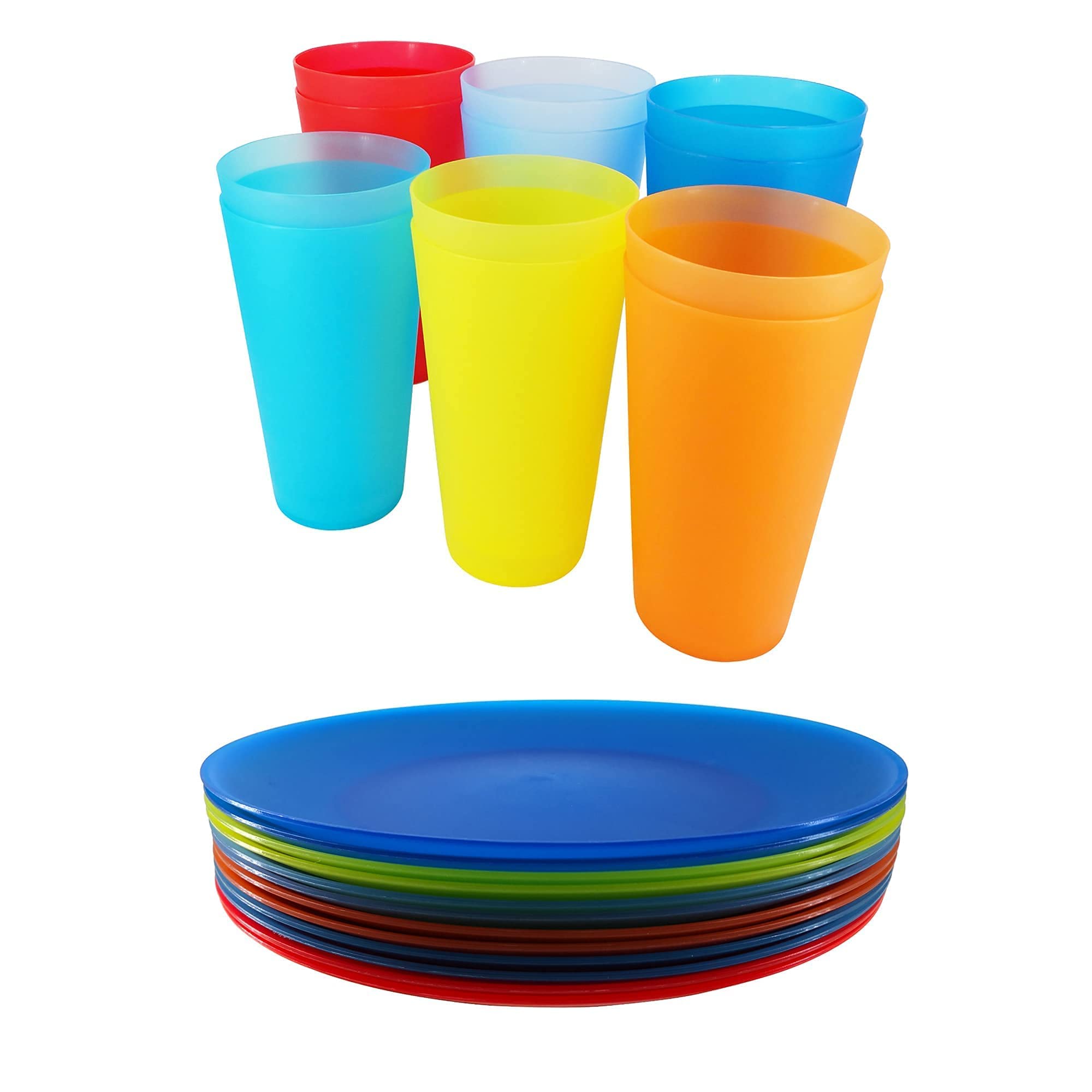 YUYUHUA32-ounce Large Cups and 10-inch Plastic Plates Reusable BPA Free Dishwasher Safe Set of 24 For Kids Indoor Outdoor Use
