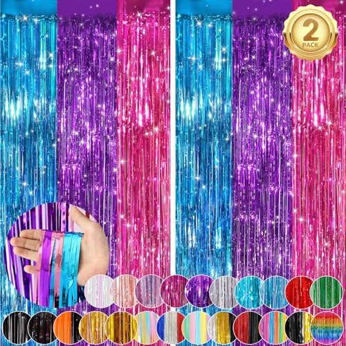 Image of Rainbow Fringe Curtain Party Streamers 2Pack 3.3x8.3 Ft Foil Fringe Backdrop Curtains for Birthday Wedding Bridal Baby Shower Holiday Tinsel Streamers Rainbow Party Decorations Door Streamer