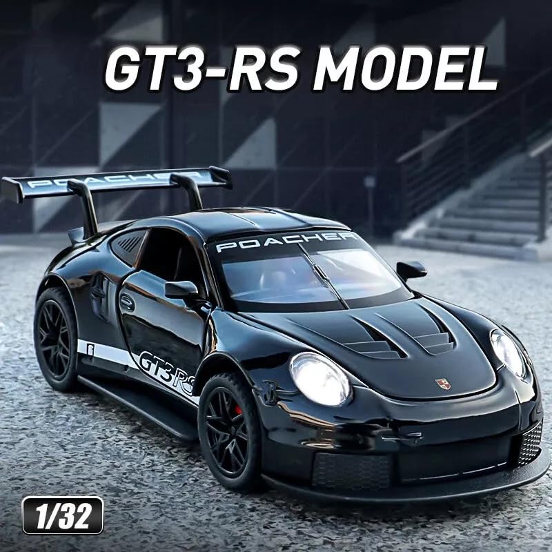 Image of PEZYOX 1:32 Porsche 911 GT3 RS Diecast Model Pull Back Toy Car with Sound & Light Openable Doors Miniature Racing Car for Kids & Collectors Gift for Boys & Adults (Black)