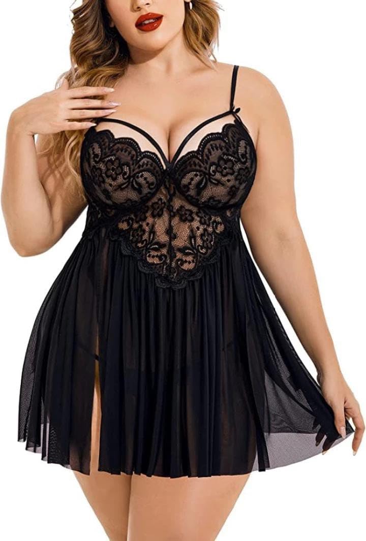 Plus Size Lace Babydoll Lingerie, Sheer Mesh Nightwear with Adjustable Straps-image-46