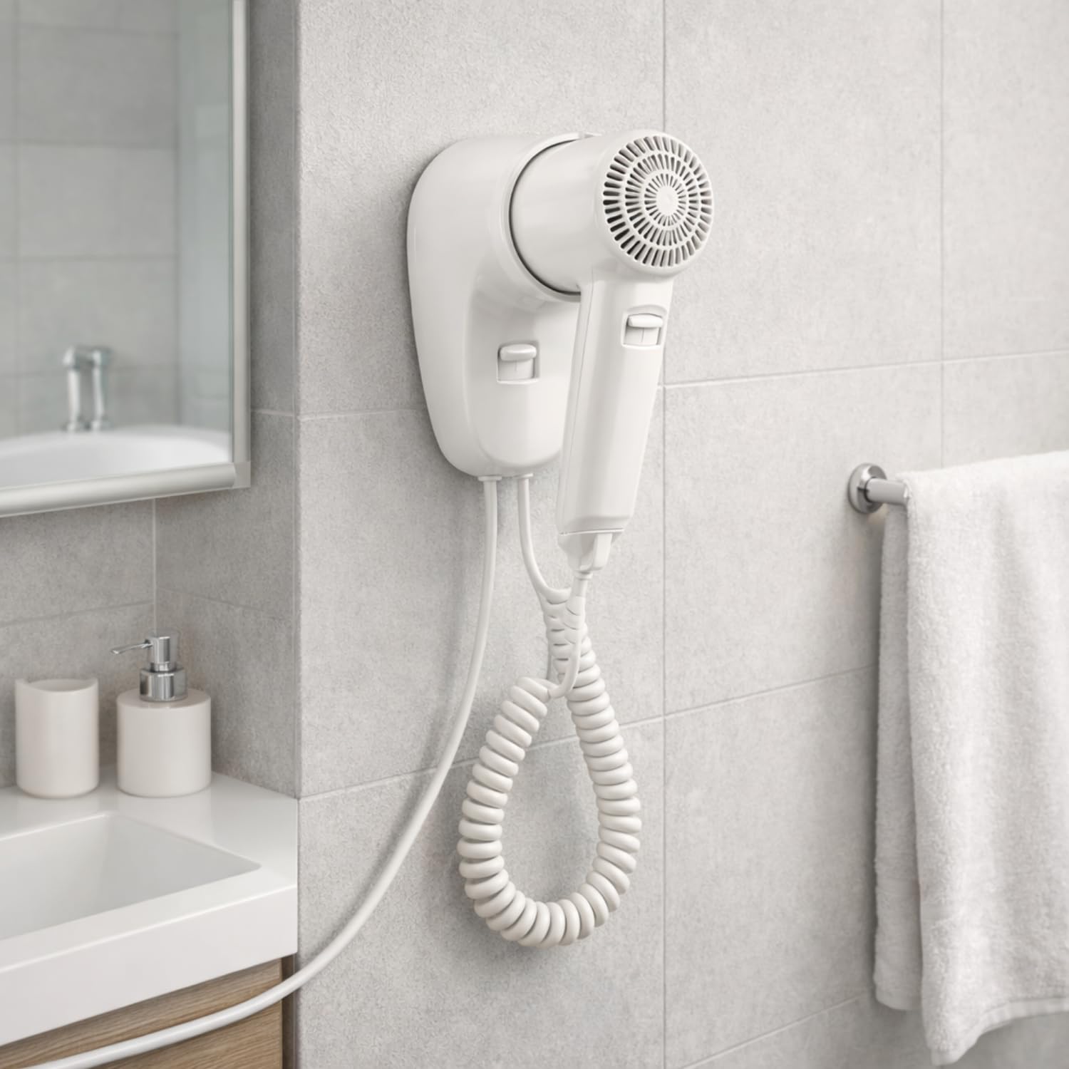 Paluplus 3 Asciugacapelli da Parete Bianco, Misura 9x15x20 cm, Pistola Phon da 1300W con Interruttore, Aria calda fino a 65°C, Velocità aria 15 m/s, per Hotel, B&B, Ristoranti, Spogliatoio -558C