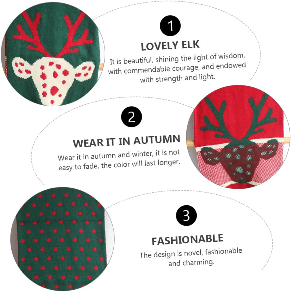 Christmas Deer Pattern Double-sided Knitted Wool Scarf for Women, Green Winter Lady Wool Scarf Neck Warmer, Soft Warm Xmas Cold Weather Accessory