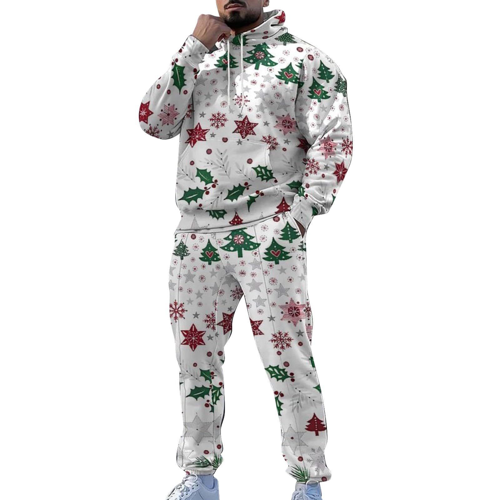 Conjunto de 2 piezas de Navidad para hombre, divertidos trajes de copo de nieve y renos, sudadera de manga larga con capucha y pantalones deportivos, conjuntos de correr, para vacaciones, deportes