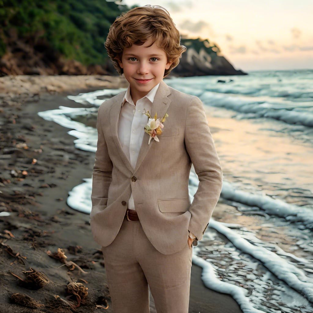 Boys Suit Slim Fit Tuxedo Set Linen Fabric 2 Pieces Blazer Pants Chic Wedding Prom Party Outfit Cute