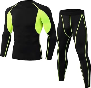 Mymyguoe Men's Thermal Underwear Sportswear Functional Shirt 2 Pieces Compression Set Quick-Drying Long Men's Ski Underwear Thermal Underwear Functional Underwear, Green, XL