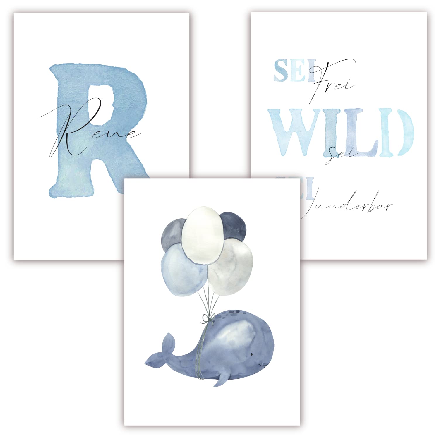 Pandawal Kinderzimmer Bilder mit Spruch und Name Wal 3er Poster- Set für Mädchen und Junge Wandbilder