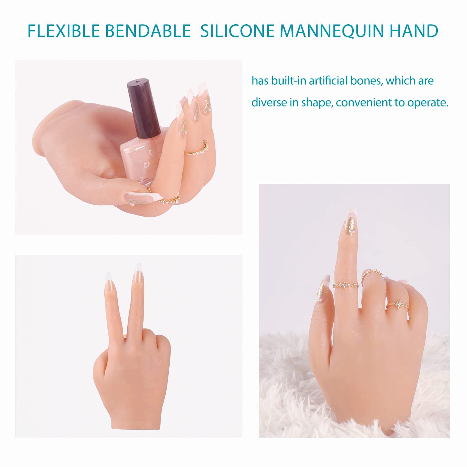 Silikonowy Model Dłoni Realistyczna 22cm Atrapa Ręki z 528 Szt. Akrylowych Tipsów i Zginanymi Palcami do Nauki Manicure Fotografii Biżuterii Prezentacji Salonowej (Prawa Ręka, Beżowa Cera)