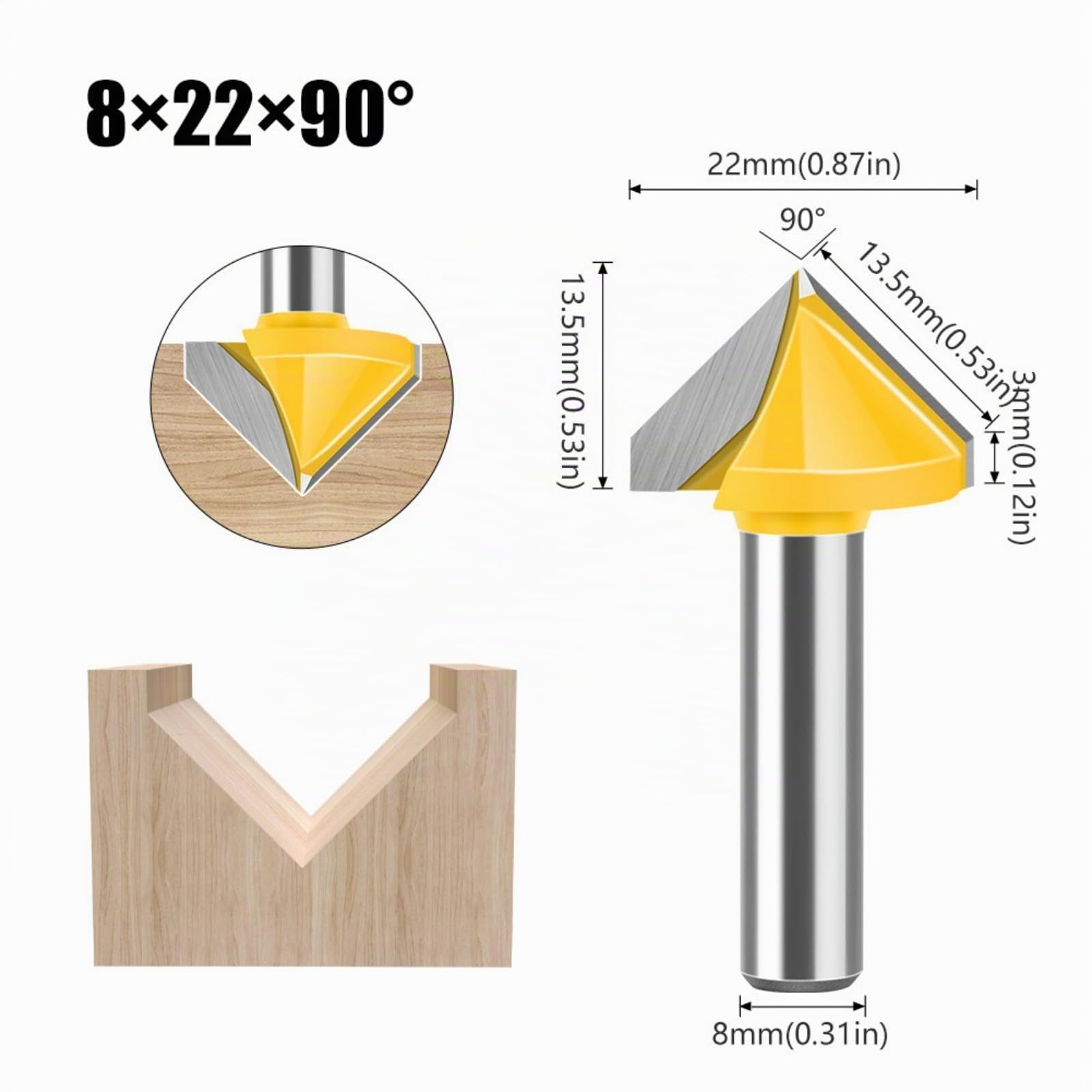 Schaftfräser mit 8 mm Schaft, V-Nut, für Holzbearbeitung, detaillierte Holzschnitzerei mit 60, 90, 120, 150 Grad Winkeln, Gravurschneider