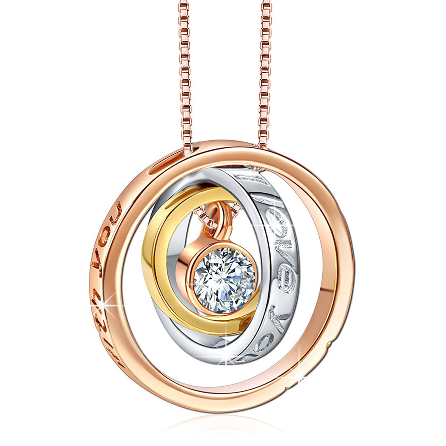 “I Love You Mom” Engraved Script Trinity Pendant Necklace Jewellery for Women Anniversary Birthday Gifts for Mom