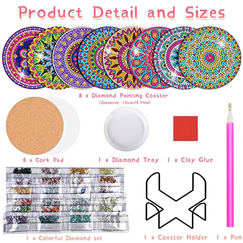 Billbotk Diamond Painting Coasters Kit, 8 Pieces Mandala With Holder, Diy Art For Beginners, Kids #TOP2