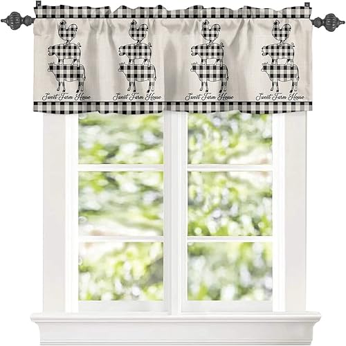 Miniatura 3 de Cortina de cenefas de animales a cuadros para cocina, cafetería, búfalo, vaca, cerdo, pollo, cortinas cortas de 42 x 18 pulgadas con bolsillo para