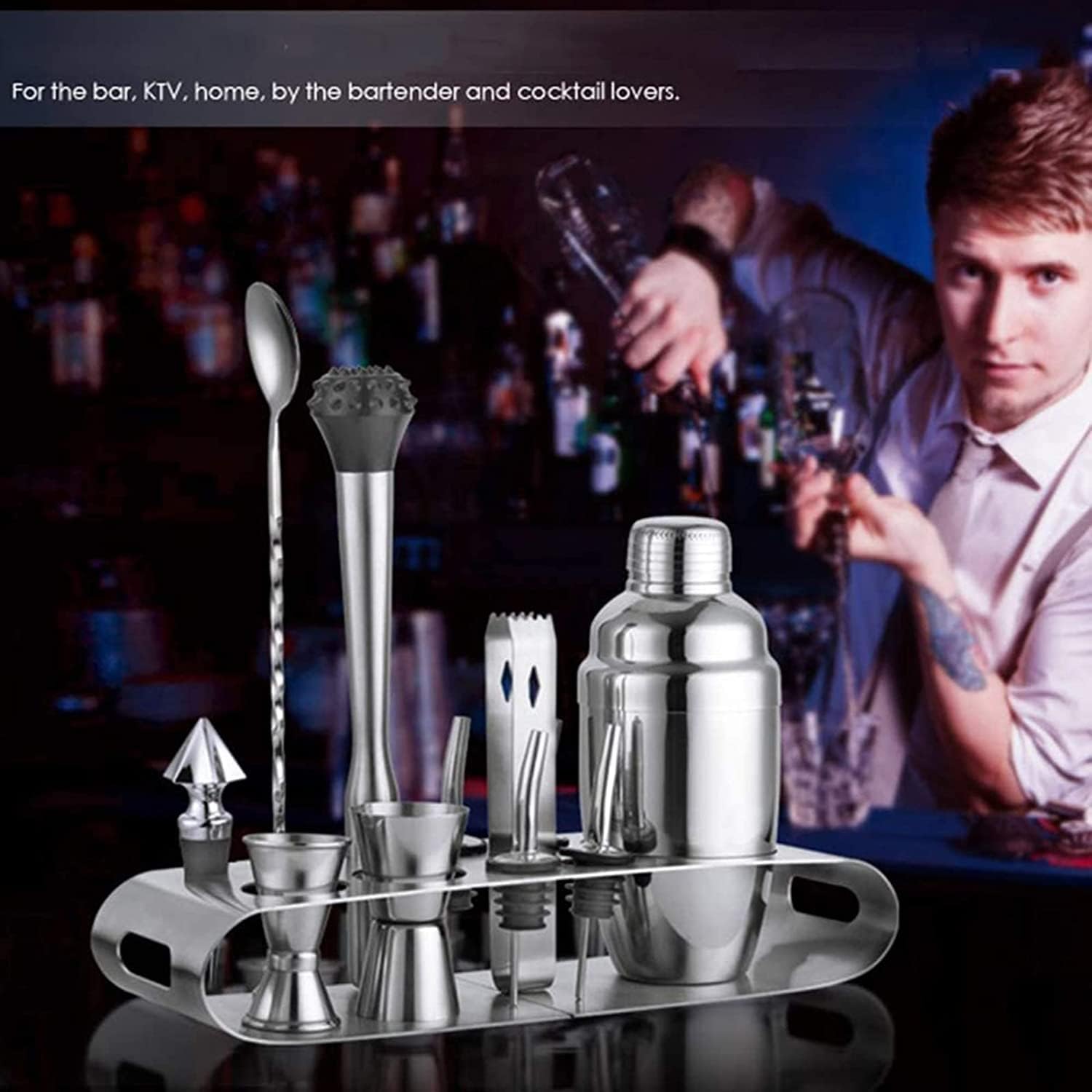Cocktail Making Set 12Pcs Cocktail Shaker Set with Stainless Steel Display Stand Stainless Steel Bar Tool Set Bartender Kit,350ml