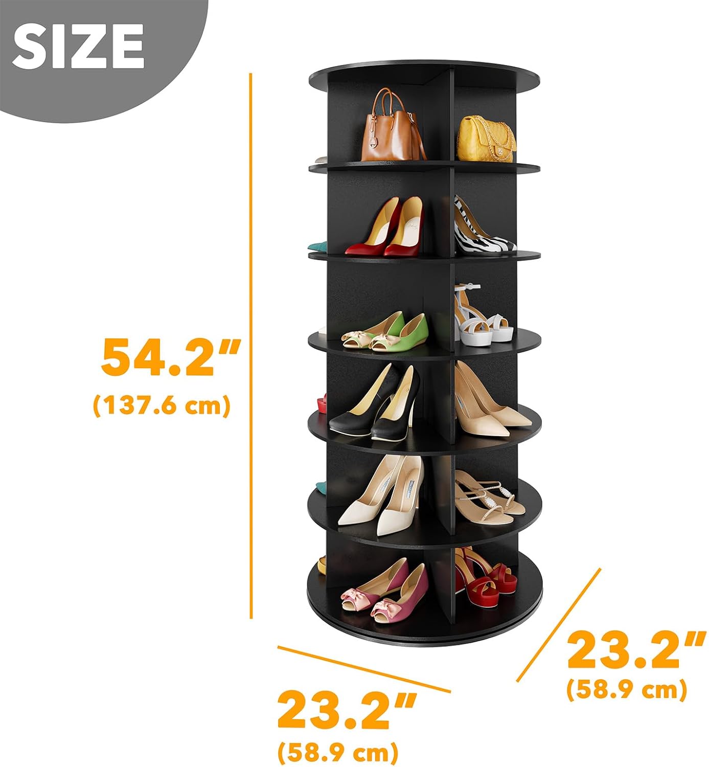 SpaceAid 6 Tier Rotating Shoe Rack Tower, Spinning Shoe Display Lazy Susan, Revolving 360 Shoe Rack Storage Round Carousel, Vertical Handbag Rotate Shoes Closet Organization (6-Tier Black) image 2