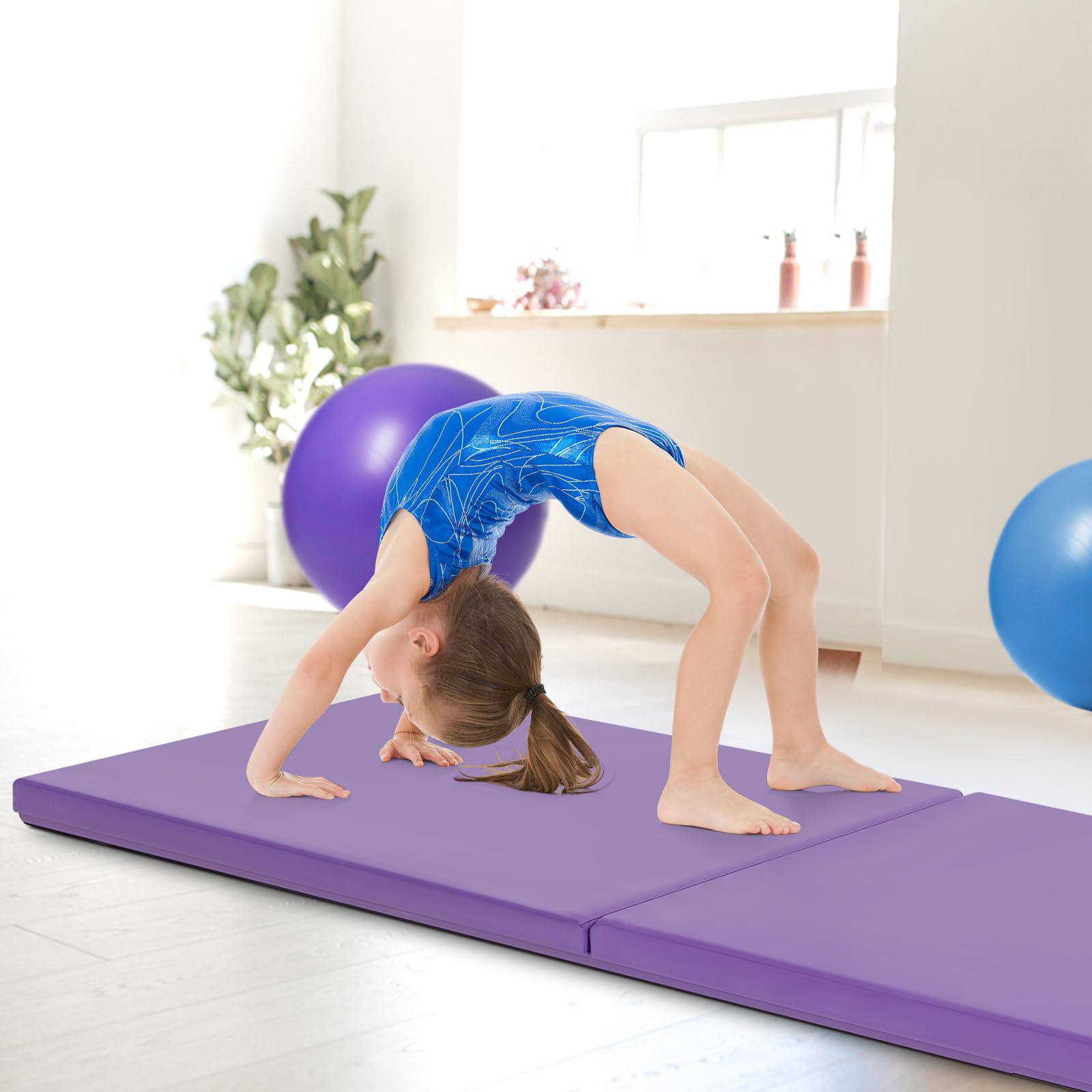 GYMAX Tappetino da Yoga/Fitness Materassino per Ginnastica, Spesso 5 cm, Manico Portatile e Pieghevole, 180 x 60 x 5 cm