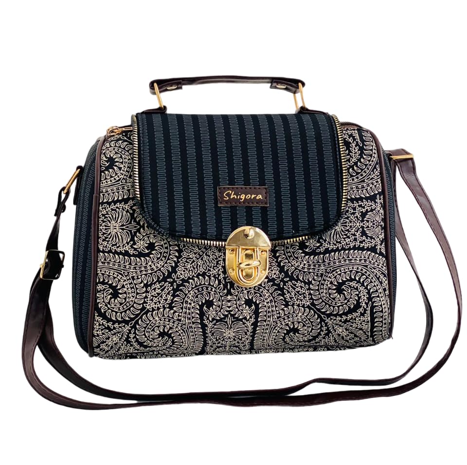 Shigora Womens Premium Cotton Printed Satchel Zip Closure Vegan Leather Top Handle Handbag | Medium Tote Bag Ladies Purse Shoulder Strap Bag (Ocean Blue) (B0D5DH9QJL) Amazon Price History, Amazon Price Tracker