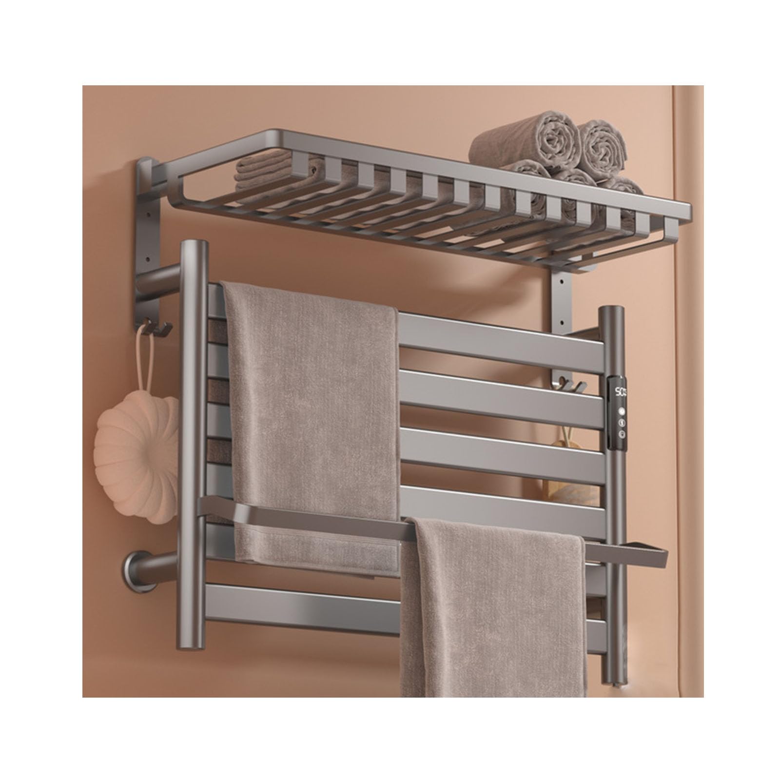 Toallero eléctrico de aluminio gris con control de temperatura y estante superior de pared