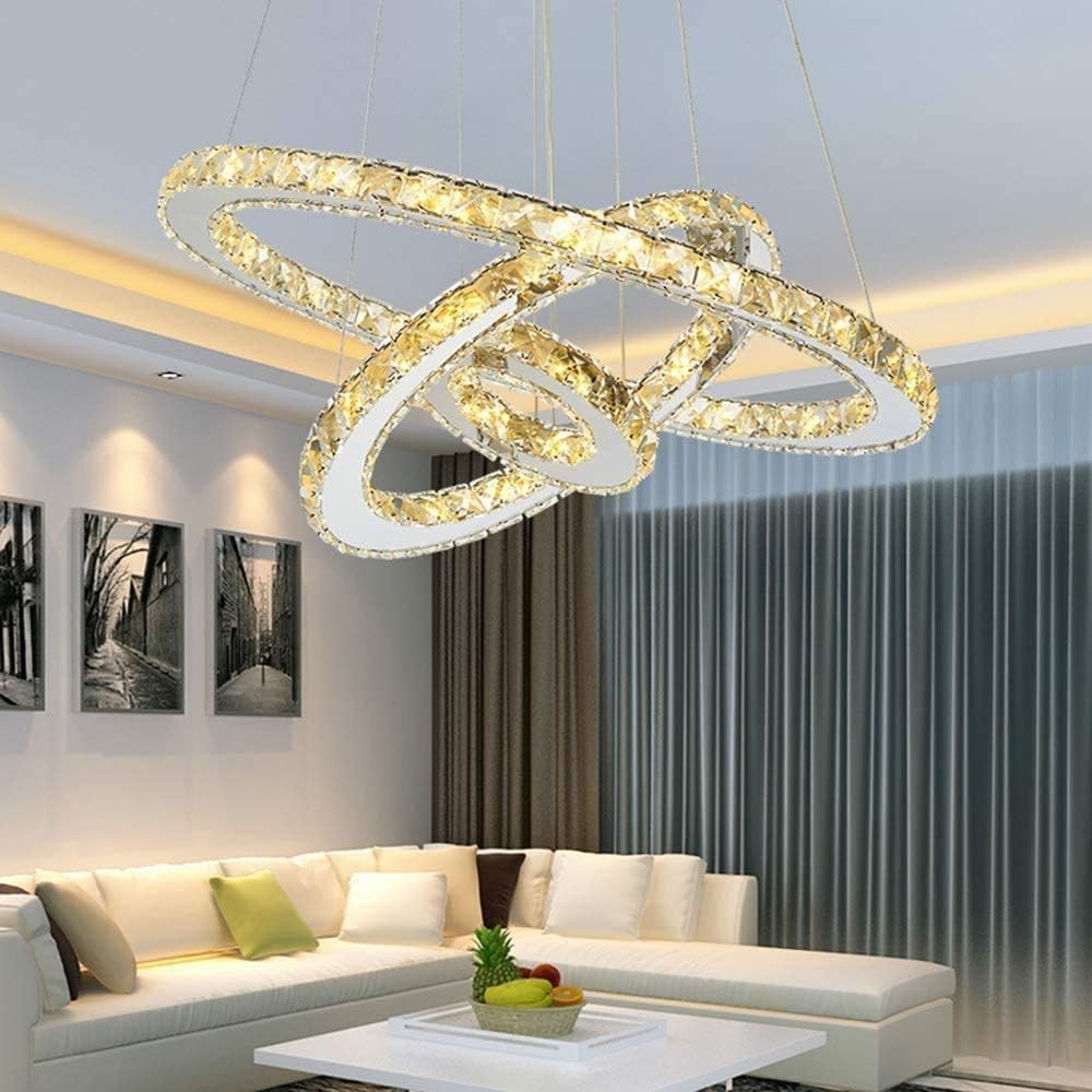 KXEcoLife Chandelier Modern K9 Crystal Three-Ring Design 30cm*50cm*70cm Stylish Ceiling Light for Living Room Dining Bedroom Study - Elegant Home Decor