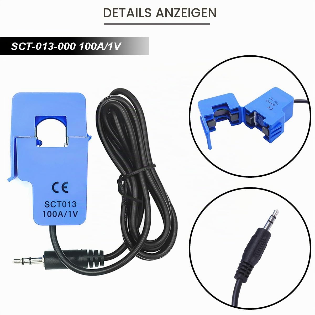 Produktbild von SCT-013 Stromwandler – Wechselstromsensor 10–100 A, 50 Hz–150 KHz, Blau, Für Arduino & Messgeräte