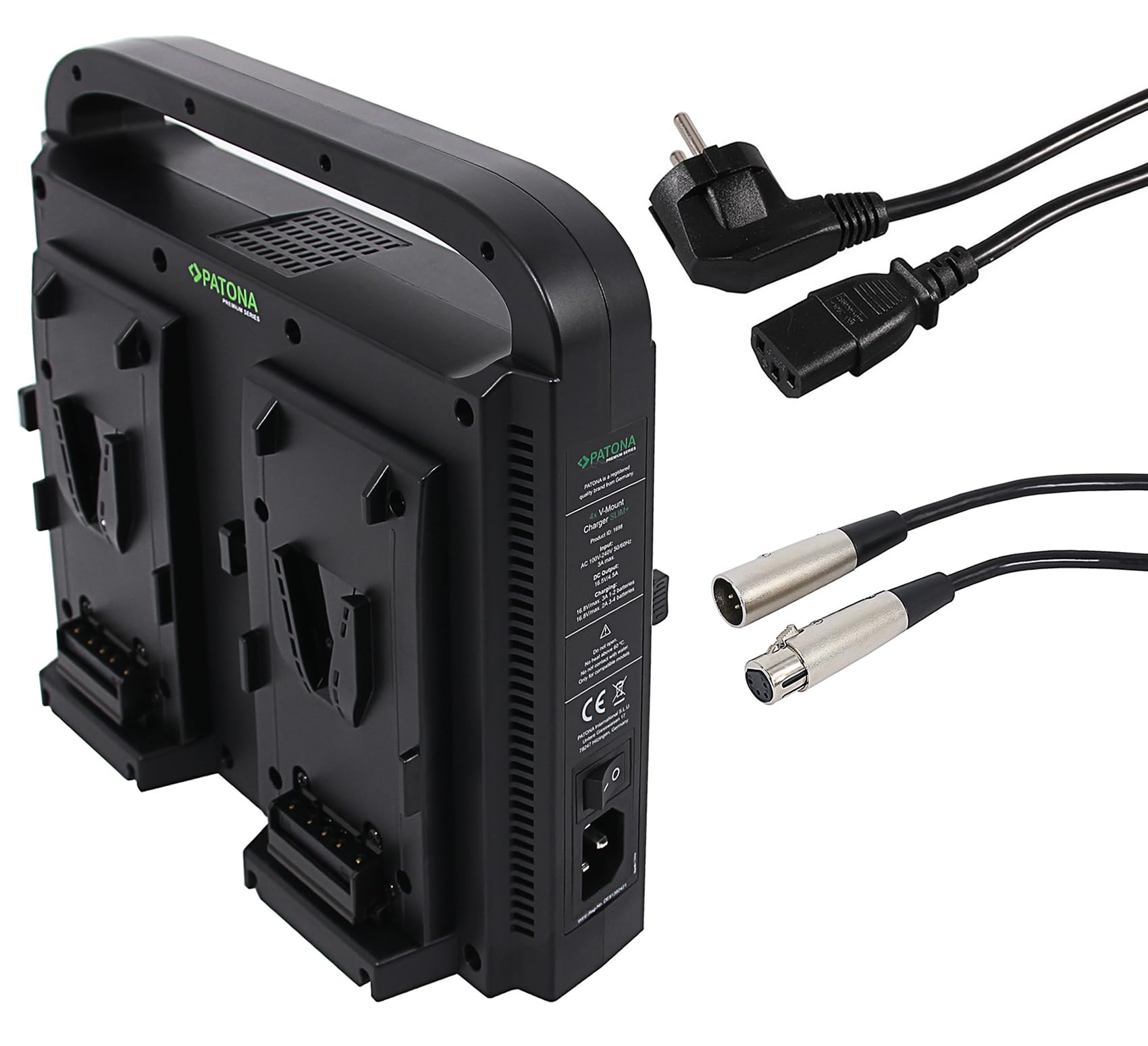 PATONA Premium V-Mount 4-Channel Smart Charger, side view with handle and V-mount plates.