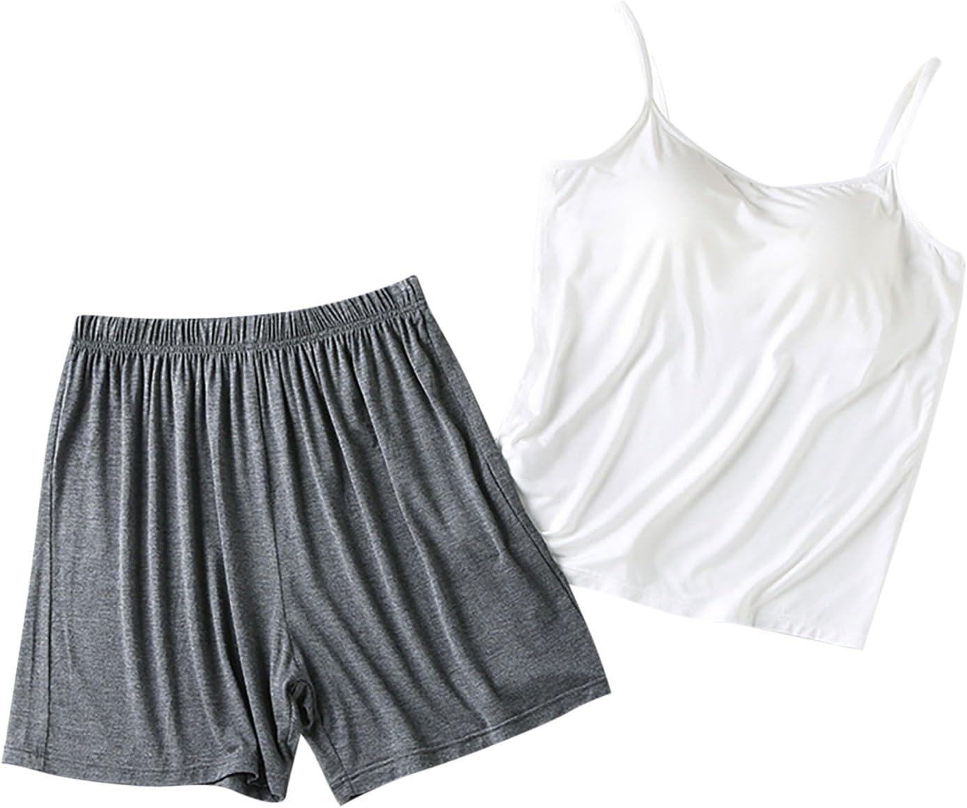 Oplxuo Women Pajama Sets with Built in Bras Casual Sleeveless Cami Shorts Sleepwear Set Solid Loose Fit Loungewear