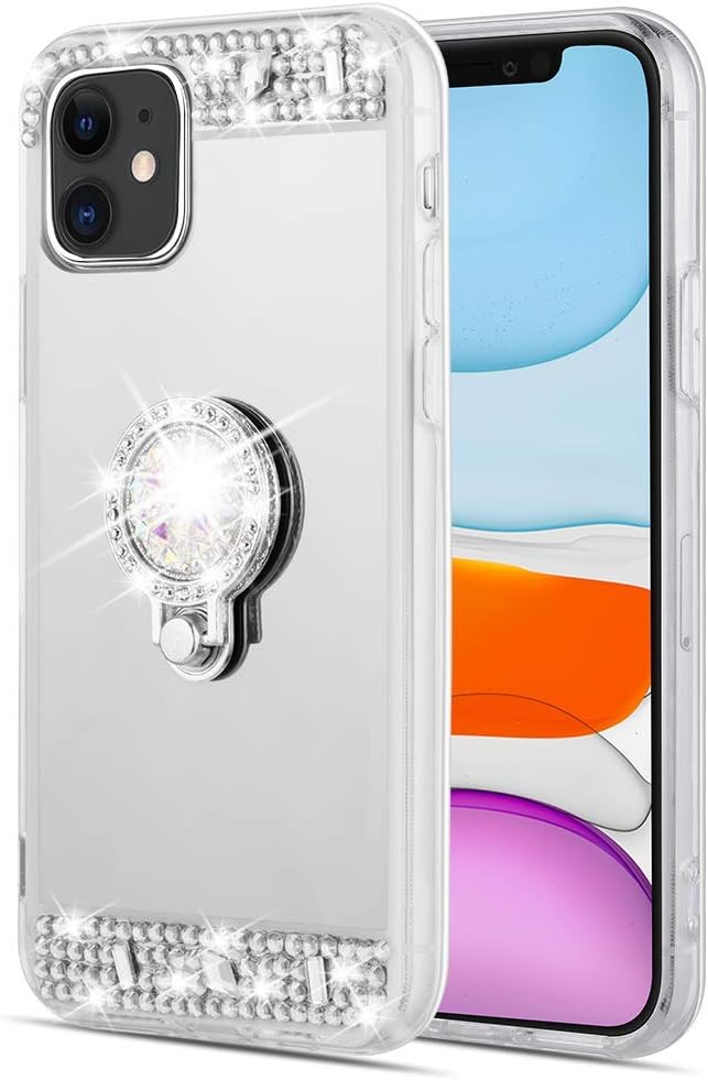 Caka Glitter Case for iPhone 11 Mirror Case with Ring Holder Kickstand for Girls Women Bling Shining Rhinestone Diamond Luxury Fashion Makeup Protective Case for iPhone 11 (6.1 inch)(Silver)
