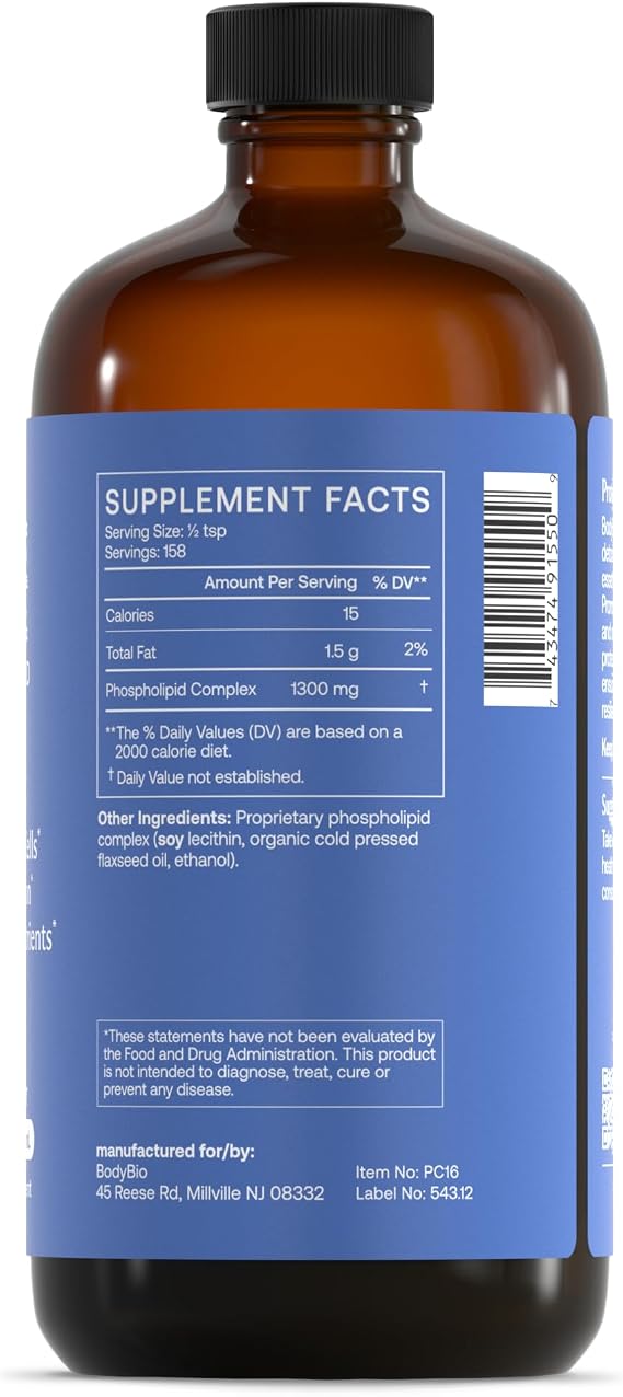 BodyBio PC - Phosphatidylcholine for Brain Health, Mental Clarity, Cognitive Function, Cellular Repair & Healthy Aging, Phospholipid Complex Supplement for Gentle Daily Detox 16 FL OZ