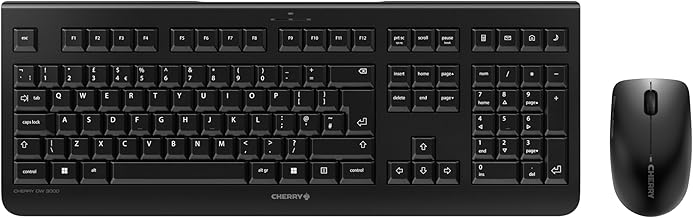 CHERRY DW 3000, Wireless Desktop Set, UK Layout (QWERTY), 2.4 GHz RF, Flat Design, Low-Noise Keys, Symmetrical Mouse, Black