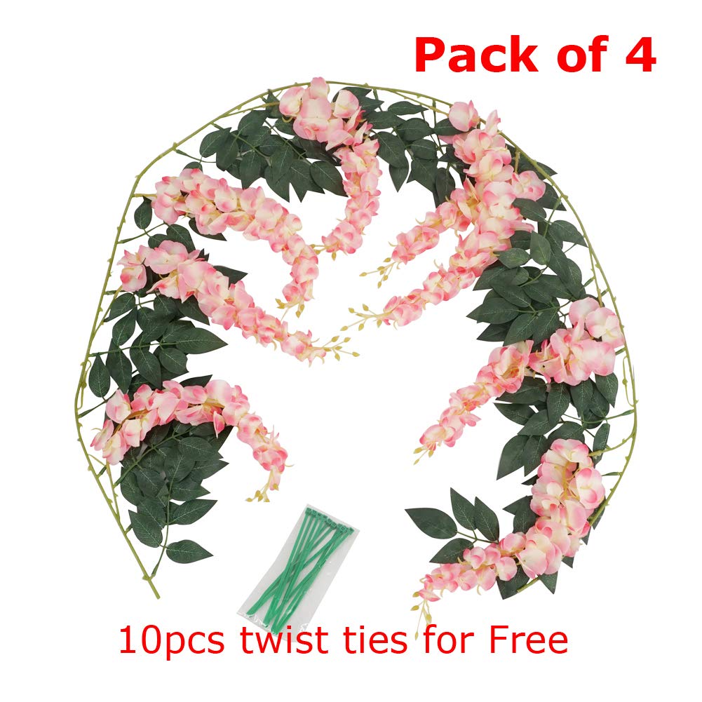 Künstliche Glyzinie aus Seide, Rattan, hängende Blumengirlande, Efeu, Pflanzen, für den Außenbereich, Hochzeit, Party, Zuhause, Garten, Wanddekoration, 4 Stück (rosa)