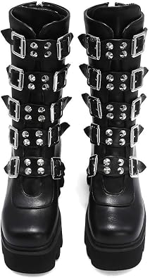 YIYA Black Platform Goth Boots for Women Studded Wide Mid Calf Combat Punk Boots Round Toe Buckle Chunky Heel Back Zipper Thick Sole Ankle Booties