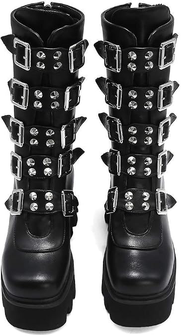 YIYA Black Platform Goth Boots for Women Studded Wide Mid Calf Combat Punk Boots Round Toe Buckle Chunky Heel Back Zipper Thick Sole Ankle Booties