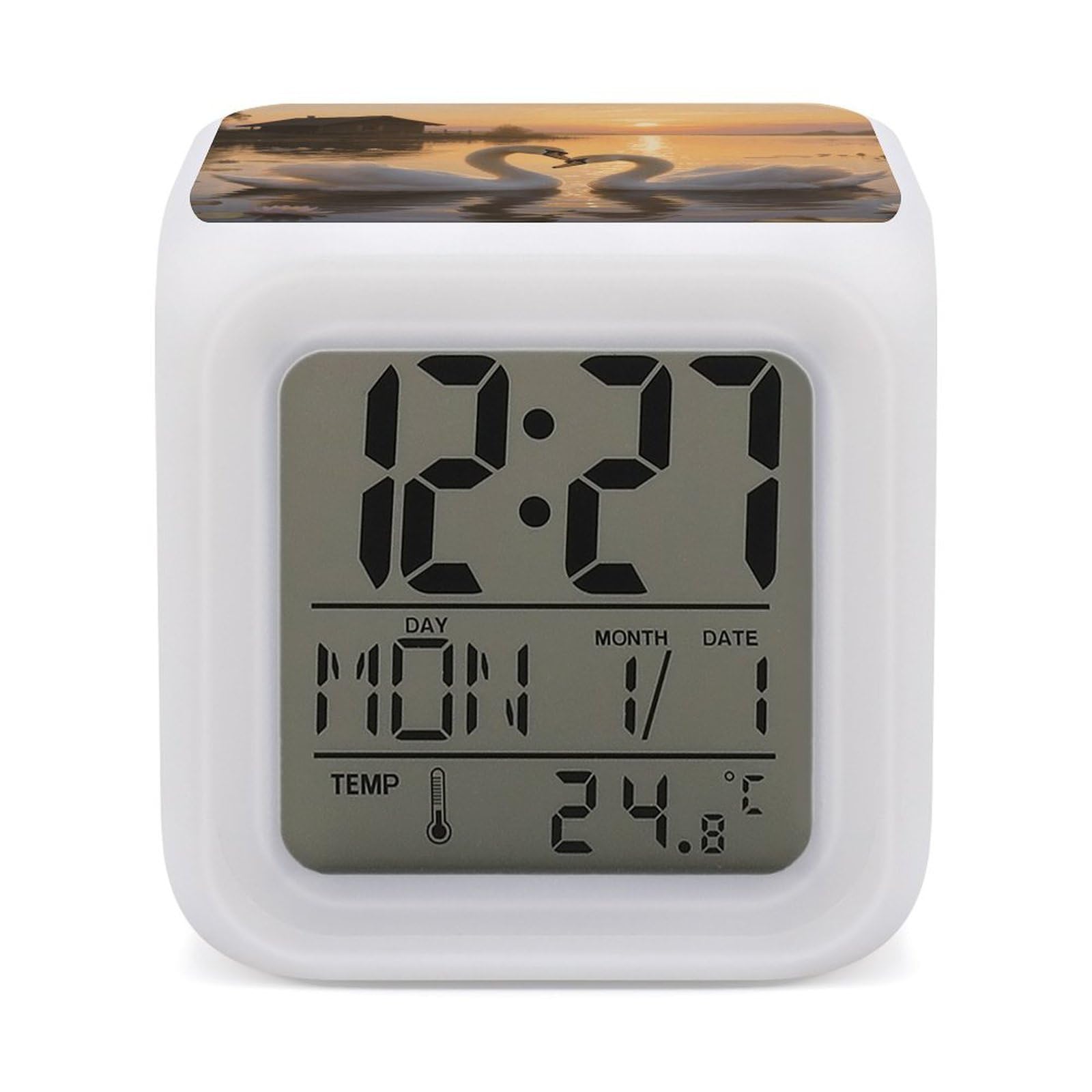 7 Color Ambient Night Light Cube Battery Operated Sunset Couple Swans Lake Digital Clock with Snooze Temperature LED Digital Alarm Clocks Dimmable Wake Up Light Portable Mood Lamp for Bedroom Desk Gif