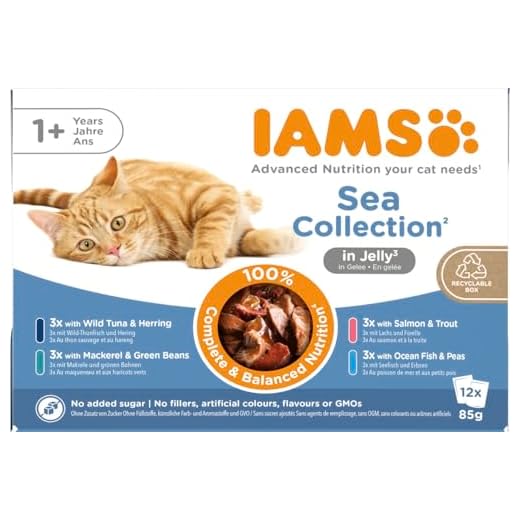 IAMS Delights Sea Collection Katzenfutter Nass - Multipack mit Fisch Sorten (Lachs, Thunfisch, Makrele, Seefisch) in Gelee, Nassfutter für Katzen ab 1 Jahr, 12 x 85g