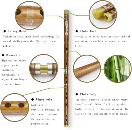 Miniatura 2 de Flauta Dizi (clave de C, D, E, F, G), de bambú amargo, negra, para principiantes y profesionales, con juego de membrana, pegamento y protector. Este