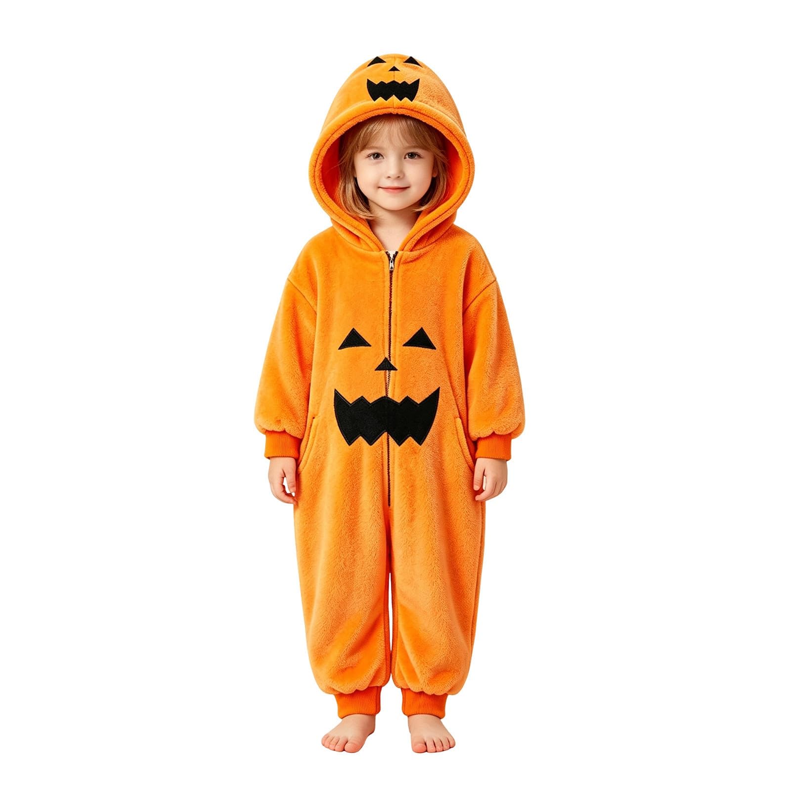 Kids Hooded Pumpkin Fleece Onesie Soft One Piece Halloween Fancy Dress Outfit with Green Leaf Collar Lantern Print Front Zip Cosplay Costume for Kids Dress Up Play Trick or Treat Events