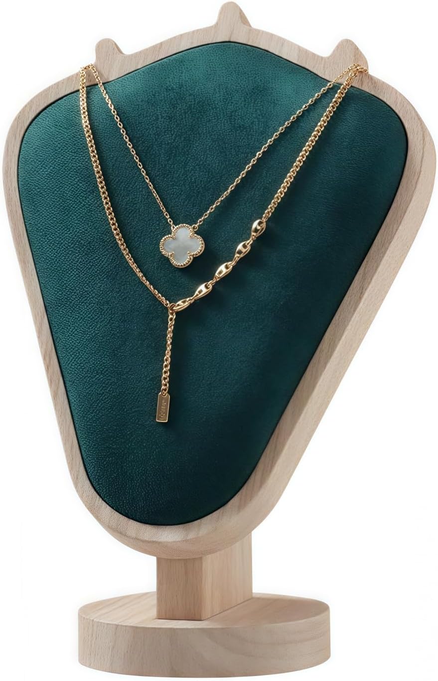 Natural Body Wood Necklace Display Stand with Green Flannelette Soft Mat Necklace Holder Organizer Desktop Stand for Home Store Dresser-4.45"x8.4"x12"
