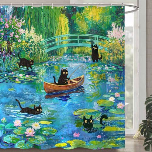 Lifeel Funny Cute Cat Green Shower Curtain, Monet Lotus Pond Shower Curtains for Bathroom Water Lilies Waterproof Fabric Bath Curtain Decor, 72x72 inch