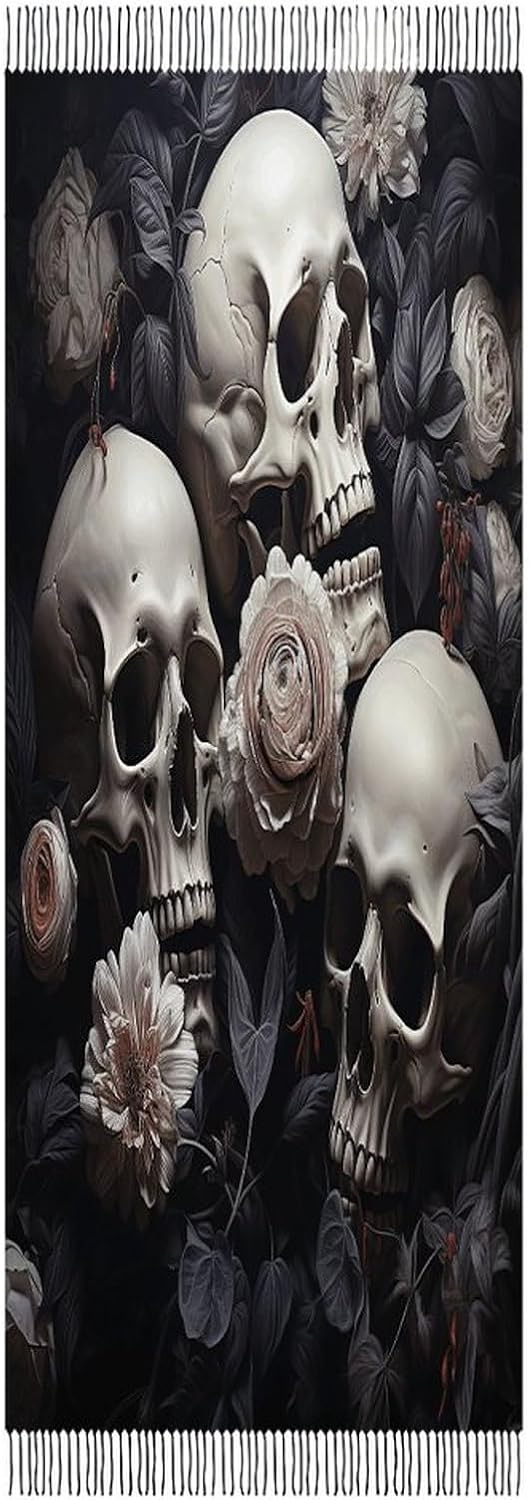 Black And White Flowers And Skull Scarf for Women Men Classic Fashion Blanket Scarves Soft Cashmere Feel Scarf Cold Weather Warm Long Shawl Winter Large Scarves Classic Blanket Scarfs Thick