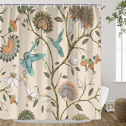 Wathon Blue Bird Shower Curtain Boho Floral Shower Curtain Beige Spring Flower Bathroom Shower Curtain Sets With Birds, Elegant Aesthetic Bohemian Khaki Bathtub Curtain With Hooks 72X72 #TOP5