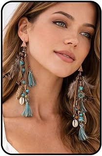 Boho Feather Tassel Earrings for Women, Turquoise Beaded Tribal Dangle Long Drop Earring Vintage Ethnic Shell Statement Jewelry Gift