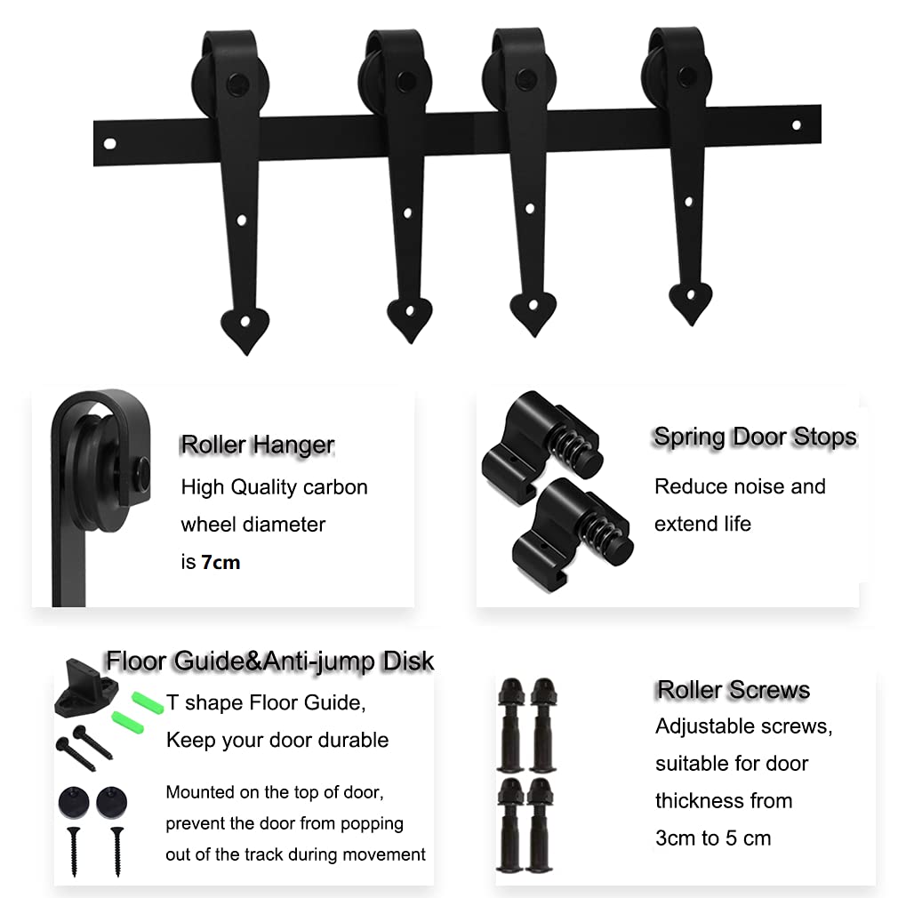 Kit de herrajes para puerta corrediza de madera de granero negro de 6 pies para puerta doble en forma de corazón