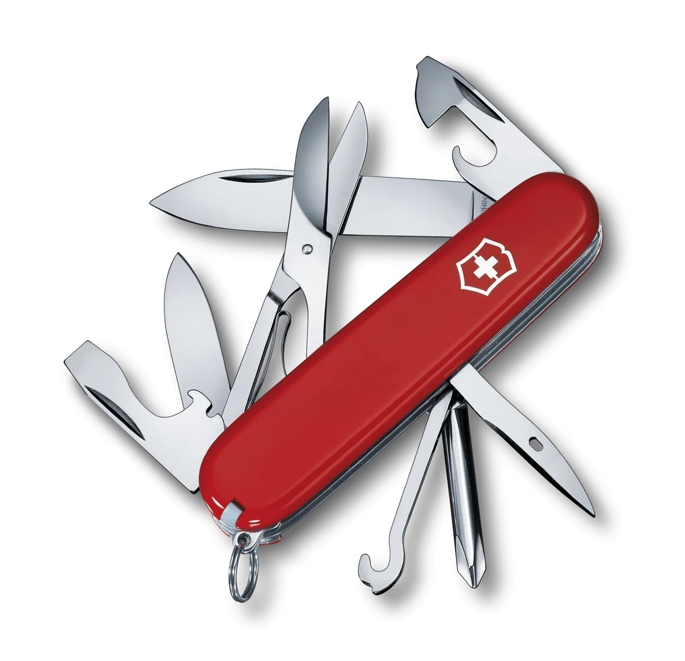 Super Tinker Swiss Army Pocket Knife, Medium, Multi Tool, 14 Functions, Blade, Bottle Opener, Red