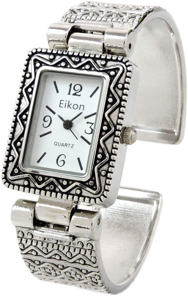 Silver Metal Western Style Decorated Rectangle Face Women's Bangle Cuff Watch