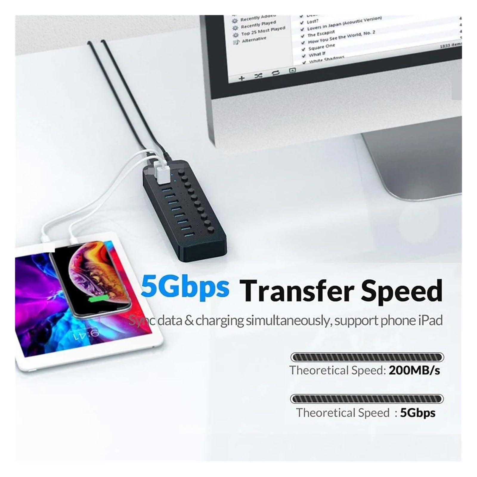 Wieloportowy Rozdzielacz Koncentratora Zasilany Przez USB Włącznik/wyłącznik Stacja Dokująca Kilka Gniazd 3.0 Ładowarka Wiele Adapterów Listwy Zasilającej(White 10 USB)