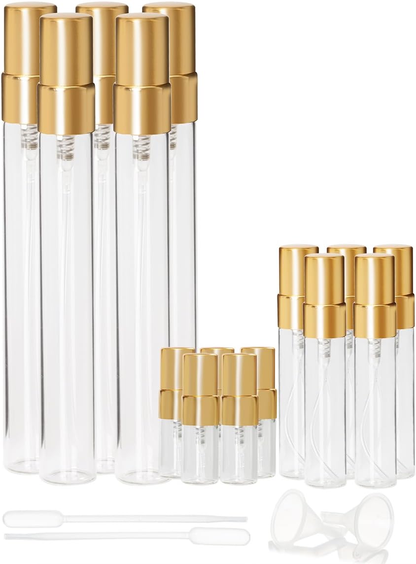 Clear Glass 2ML 5ML 10ML Spray Bottle Atomizer Fine Mist Perfume Bottles GOLD Aluminum Cap Pack of 15
