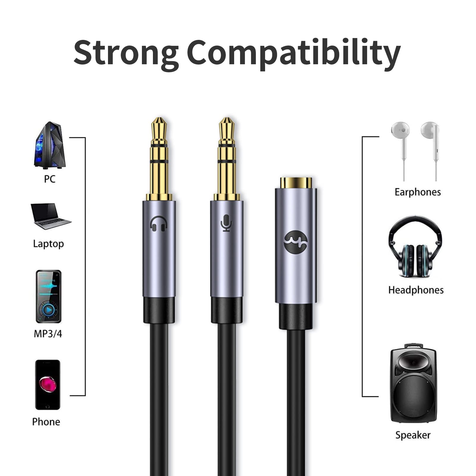 Rozdzielacz audio, rozdzielacz słuchawkowy, 0,3 m (podwójny 3,5 mm męski na 3,5 mm żeński), adapter słuchawkowy, 1 na 2 jack do słuchawek, zestawu słuchawkowego, laptopa, PC itd.