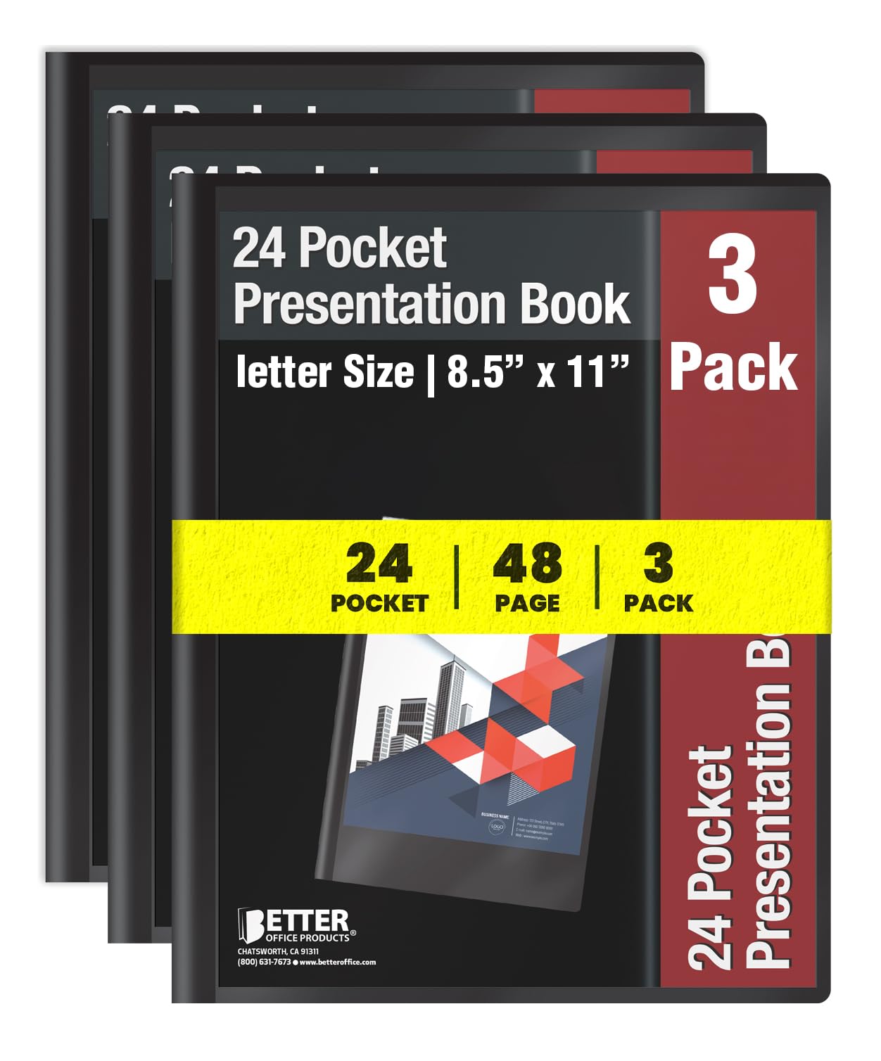 Better Office Products 24 Pocket Bound Sheet Protector Presentation Book, 3 Pack, Clear View Front, 48 Page Capacity, Art Portfolio, Durable Black Poly Front and Back Covers, Letter Size