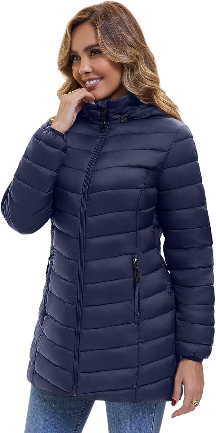 ZMC Women's Packable Winter Puffer Jacket, Lightweight Hooded Puffer Coat, Quilted Mid-Length Coat with Detachable Hood - Image 2